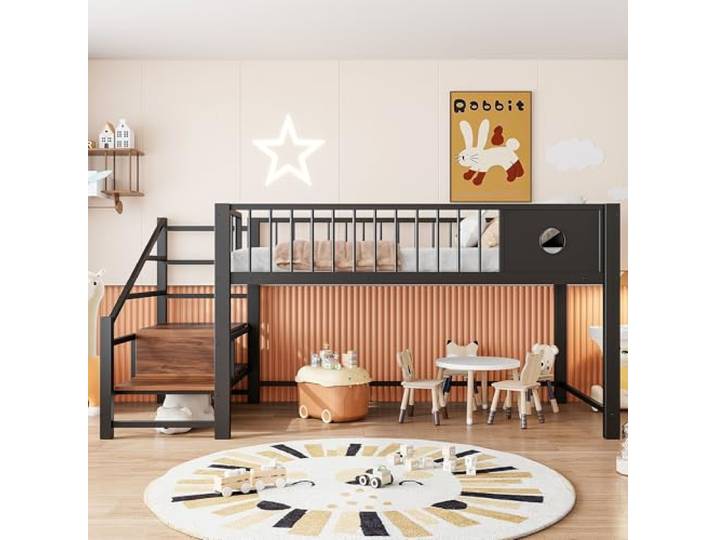 Bellemave Niedrig‑Hochbett 90x200cm,Kinderbett mit Stauraum,Metall Schwarz Stauraum-Leiter mit Fächern, umlaufendes Sicherheitsgeländer, belastbar bis 120 kg, 2-Paket-Lieferung, ohne Matratze