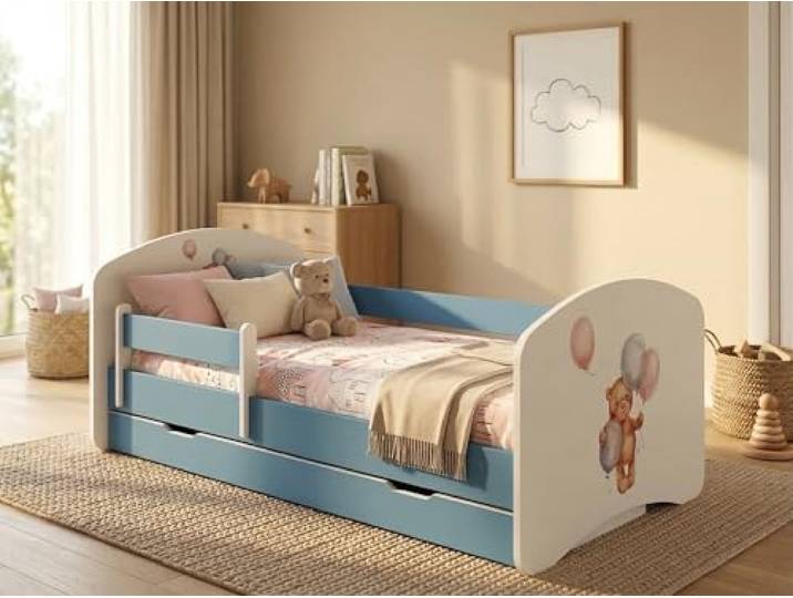 Komplett-Kinderbett 160x80 Blau Mit Rausfallschutz, Schublade & Schaumstoffmatratze Spielbett Happy (nr 95)