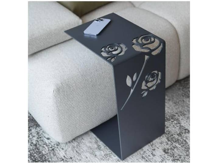 Design Beistelltisch in C-Form aus pulverbeschichtetem Stahl – Eleganter Sofatisch, Couchtisch, Nachttisch – Hochwertig verarbeitet, modernes Blumendesign – Perfekt für Wohnzimmer, Schlafzimmer