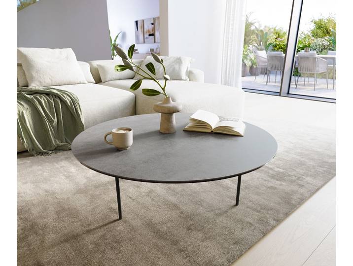 DELIFE Couchtisch Edge Rund 100x100 cm Keramik Beton Grau Trive Metall Schwarz, Couchtische