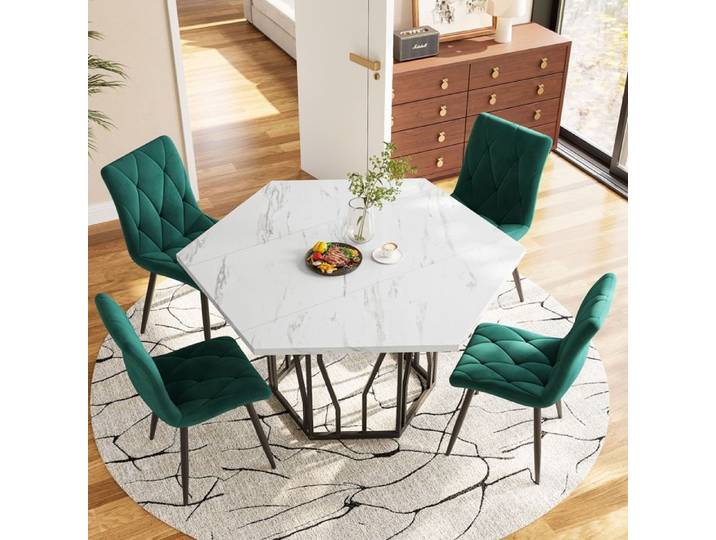 Table à manger hexagonale plateau MDF motif marbre structure en acier FloraGrace