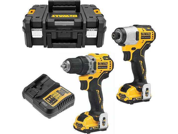 Kit 2 outils XR 12V Brushless Perceuse visseuse DCD701 - Visseuse à chocs DCF801 - DEWALT - avec 2 batteries 12v 3Ah - chargeur - coffret - DCK2110L2T