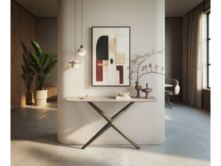 Konsolentisch Edge Boot 140x40 cm Keramik Laminam® Travertino Bianco Creme-Weiß Estelo Metall Effektfinish Titan, Konsolentische