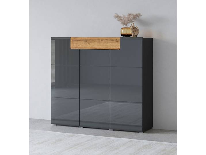 Highboard GOODPRODUCT Toledo,Breite 147,5 cm,trendige Hochkommode mit 3 Türen 1SK , schwarz (antrazit matt, antrazit hgl, alteiche), B:147,5cm H:132cm, Sideboards, Highboard, Hochschrank mit viel Stauraum, stylische Hochglanzfronten