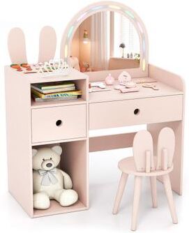 Costway Kids Vanity Desk and Chair Set with Lights, Open Shelves-Pink