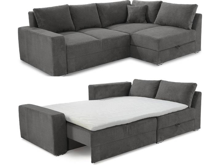 Ecksofa-Dauerschläfer Federkern Topper Bettkasten Schlafcouch Cord Dunkelgrau / 15233