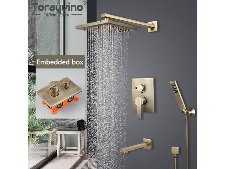 Torayvino-Ensemble de douche à chaud en laiton antique, mural, boîte encastrée à 3 voies, robinet de centre commercial ChuLiiro, baignoire, système de douche à effet pluie