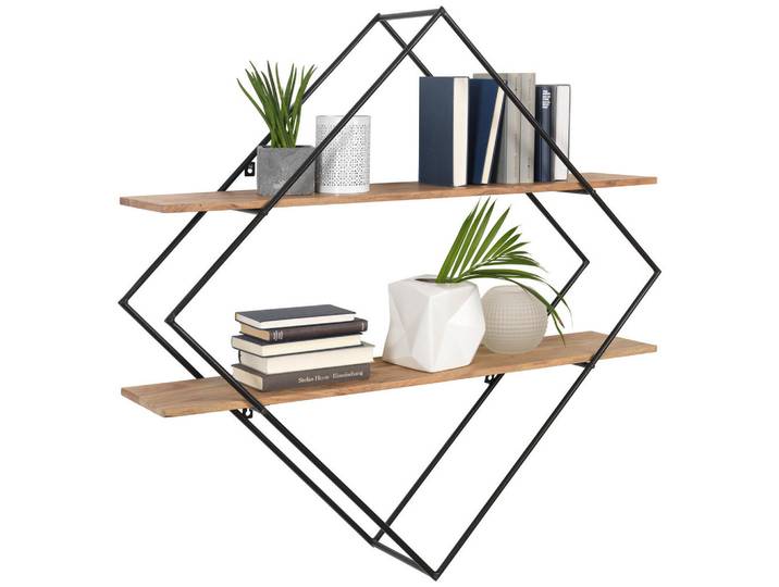 Ambia Home Wandregal, Akaziefarben, Dunkelgrau, Holz, Metall, Akazie, massiv, 107x107x26 cm, Wohnzimmer, Regal, Wandregal