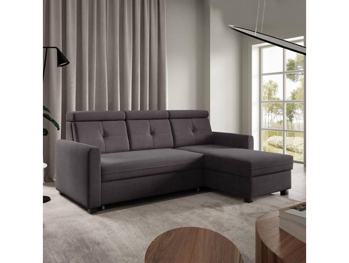 Ecksofa MILANO Anthrazit, L-Form - mit Schlaffunktion, Bettkasten & Ottomane rechts