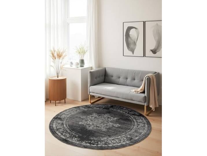 Hanse Home Lydia Tapis à Poils Courts\, Rond\, Style Oriental\, à Poils Courts\, Classique\, Doux\, Design Oriental\, pour Salon\, Chambre à Coucher\, Salle à Manger\, Couloir - Gris - Diamètre 120 cm