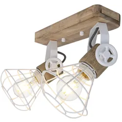 Deckenleuchte Holz Deckenlampe schwenkbar Wandleuchte Industriell, Metall weiß, 2x E27 Fassungen, LxBxH 27x14x27 cm