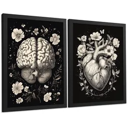 POSTER Set aus 2 Anatomie Mensch Drucke und Wandbilder mit Gehirn und Herz Monochromes Florales Design Schwarzer Hintergrund Größe Schwarzer Rahmen A4