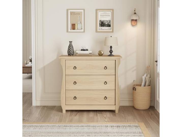 GarveeMore Moderne Kommode mit 3 Schubladen – Tiefe Schubladen, Holzschrank Weiß/Eichefarben – schwarze Metall-Ringgriffe – freistehend, inkl. Kippschutz – für Schlafzimmer & Flur – Farbe: Wood