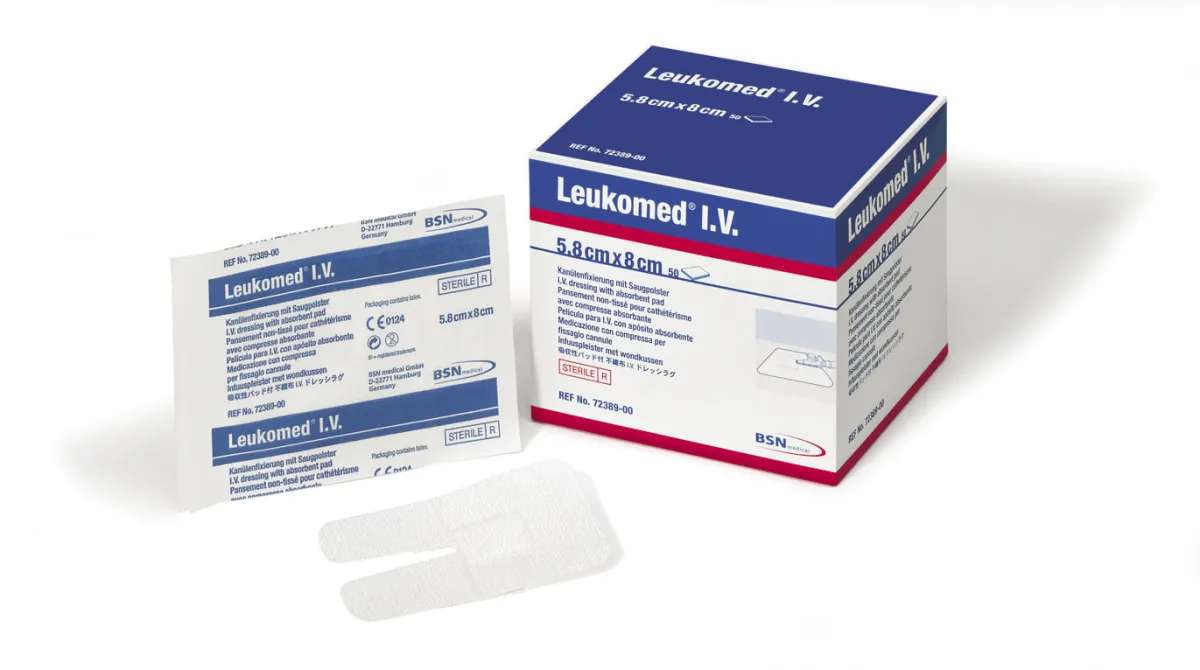 BSN medical - Essity Leukomed I.V. Kanülenfixierpflaster, 5,8 × 8,0 cm, steril (50 Stück) 72389-00