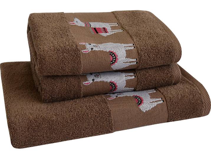 Handtuch Set DYCKHOFF Lama , braun, 3 Stk., Walkfrottier, Walkfrottier, Obermaterial: 100% Baumwolle, Handtuch-Sets, Handtuch Set, mit Lamabordüre; 2 Handtücher (50x100cm), 1 Duschtuch (70x140cm)