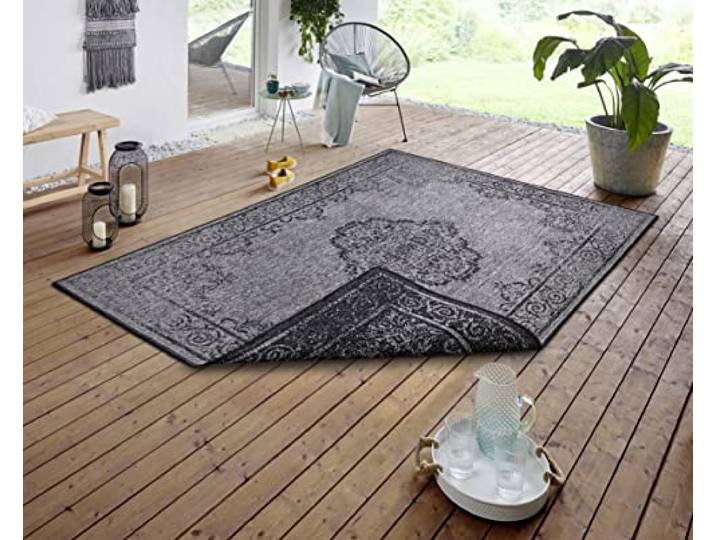 NORTHRUGS Cebu tapijt voor binnen en buiten, omkeerbaar tapijt, weerbestendig, Oosters vintage design, tapijt voor balkon, terras, tuin, serre, woonkamertapijt, waterdicht, nachtzilver, 80 x 150 cm