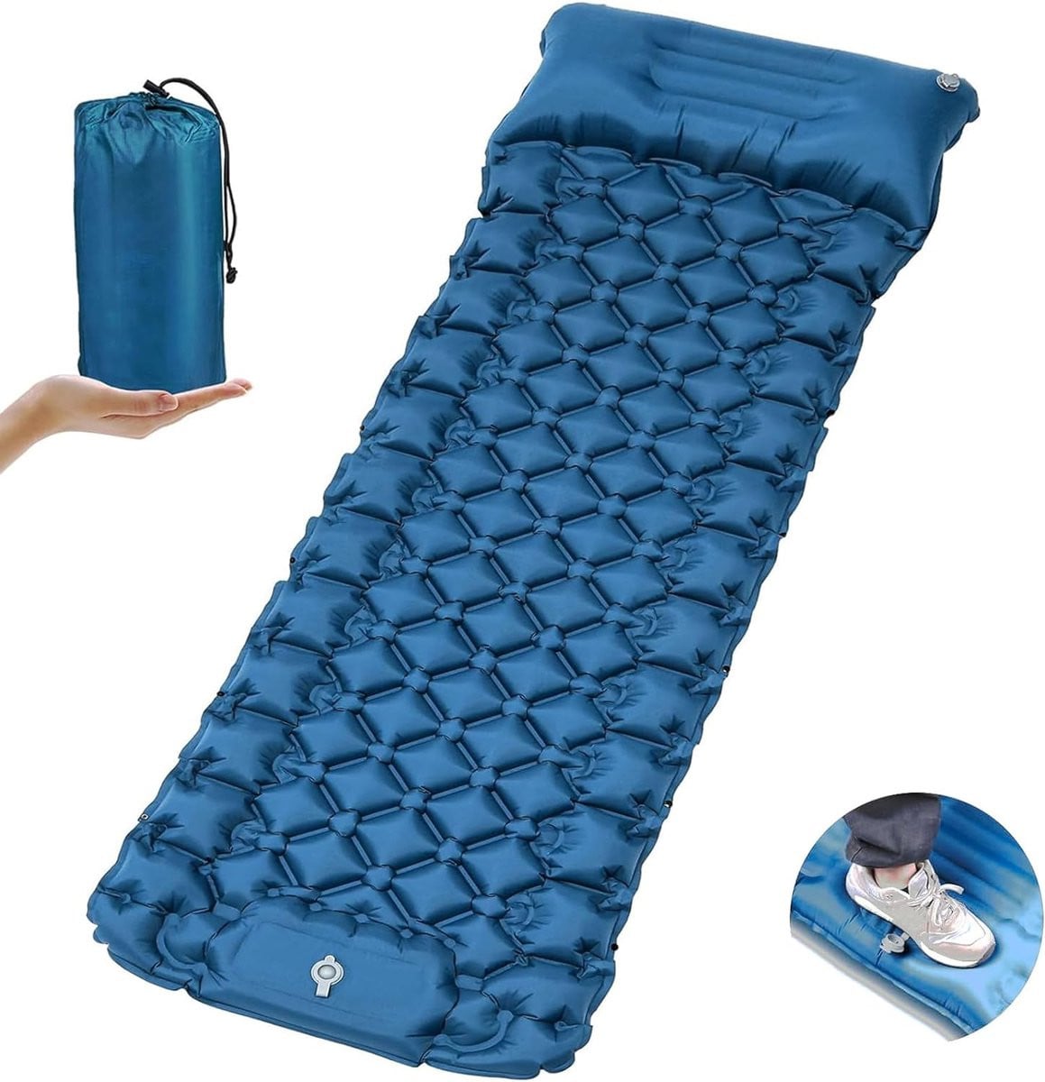 Blauwe zelfopblazende camping slaapmat met voetperspomp voor wandelen en strand