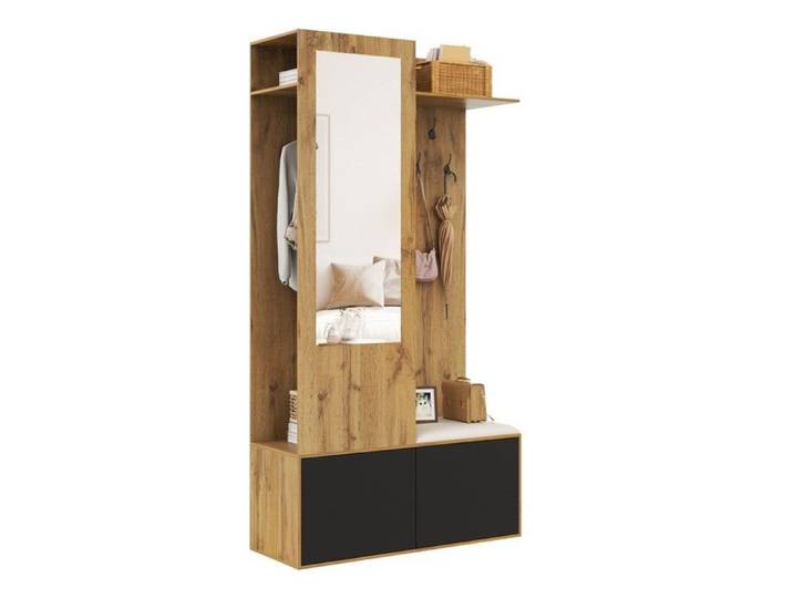 Ensemble Multifonction Entrée avec 5 Patères Miroir Meuble à Chaussures et Rangement Caché
