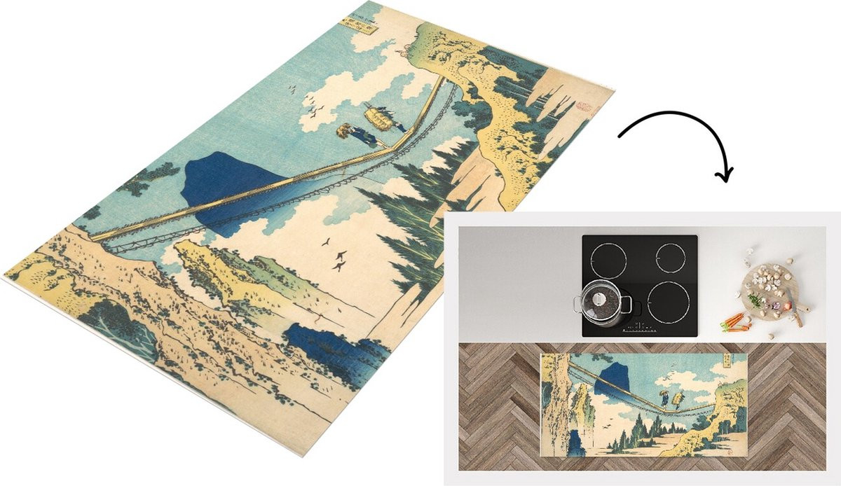 Keukenloper vinyl met schilderij van Katsushika Hokusai - Hangbrug op de grens van Hida en Etchu - 120 x 60 cm