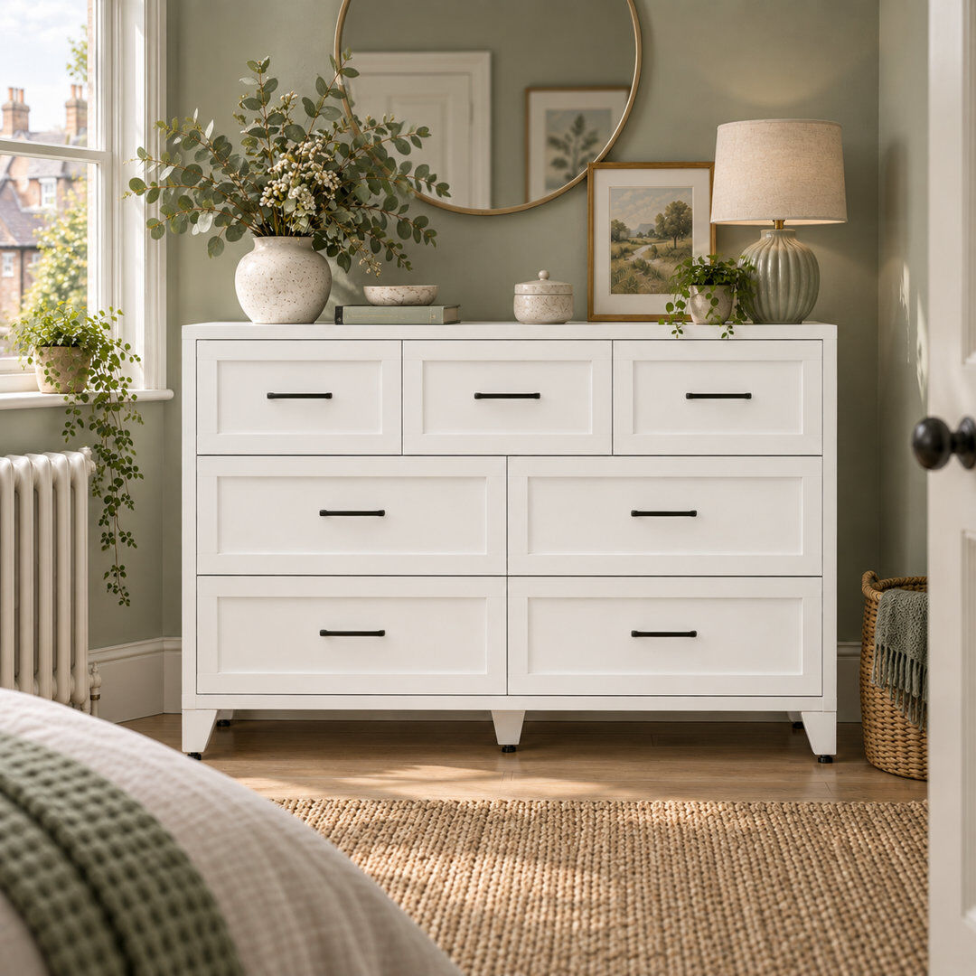 MAKEACE 51.97" W 7-Drawer Steel Dresser with Anti-Tip Anchors, White White 78cm H X 120cm W X 40cm D