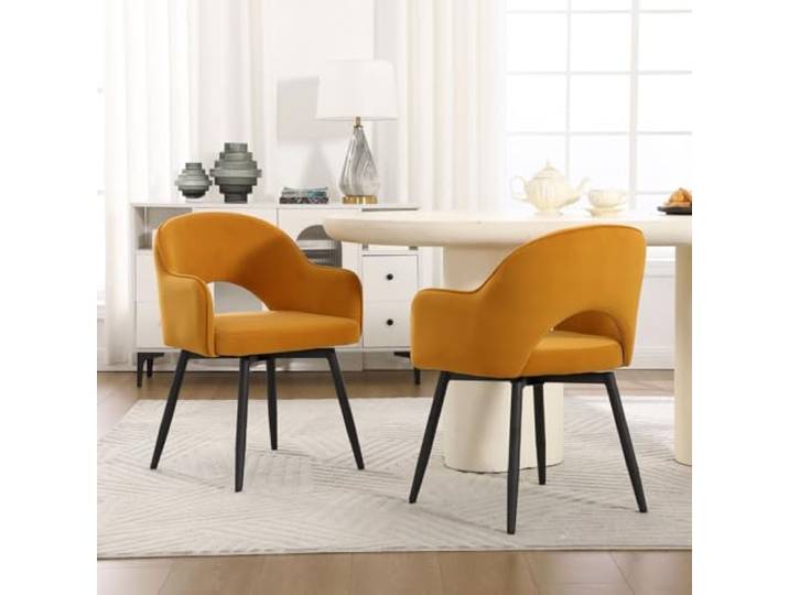 Ya-Home Esszimmerstühle 2er Set, Drehbare Küchenstühle mit Armlehne Samt Polsterstuhl Metallbeine für Esszimmer/Restaurant/Wohnzimmer, Gelb
