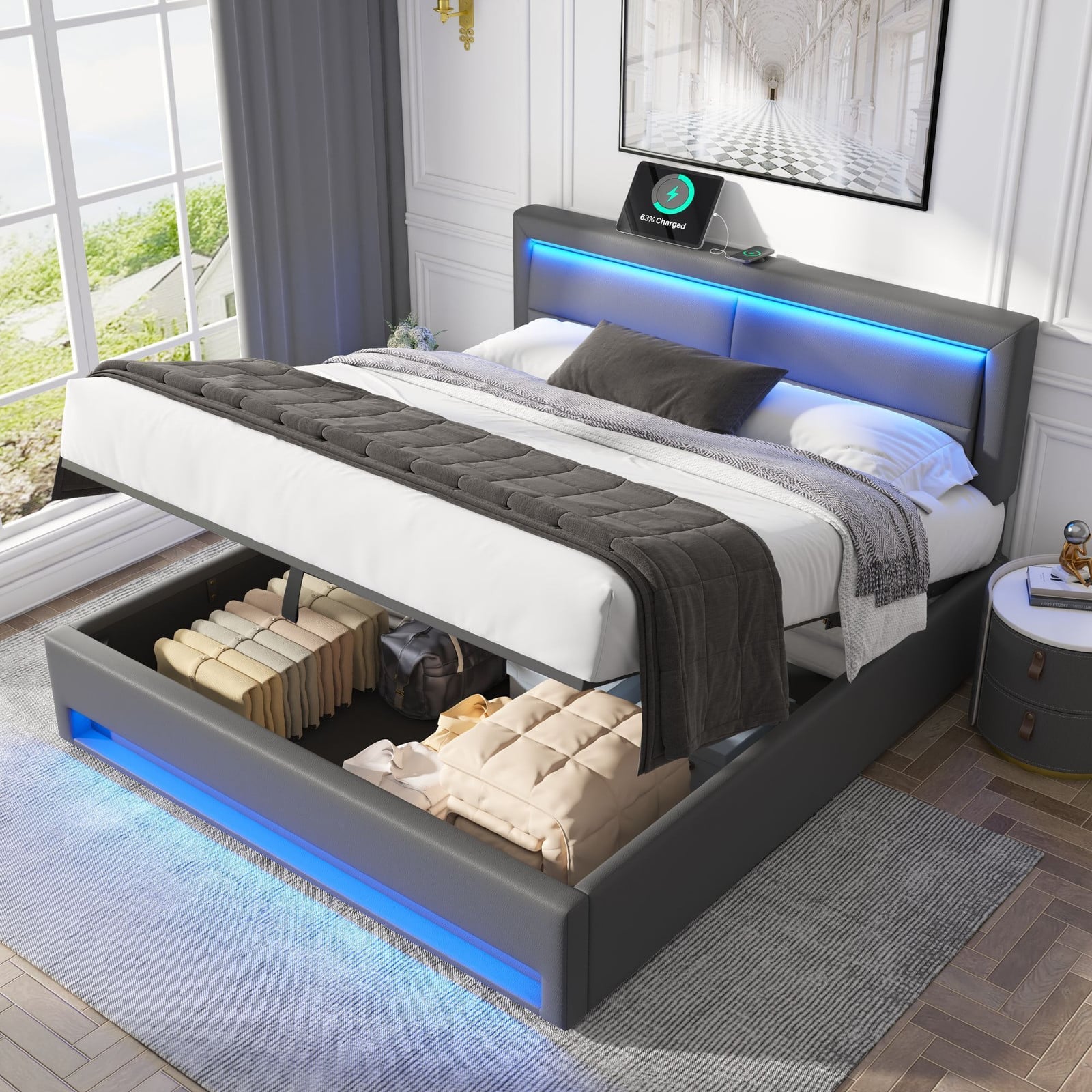STILVORA Bekleed eenpersoonsbed voor jongeren met USB-oplaadpoort, LED-verlichting en opbergruimte, Grijs, 140 x 200 cm