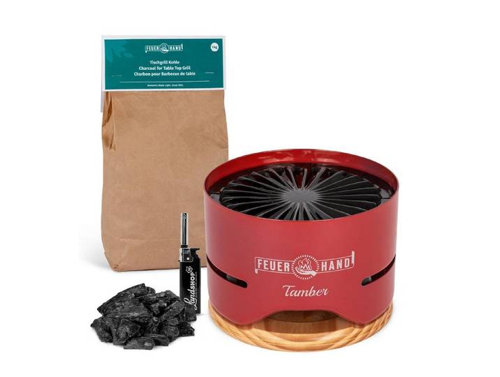 Feuerhand Holzkohlegrill Tamber Tischgrill +1kg spezial Holzkohle fast rauchfrei Farbe Rot