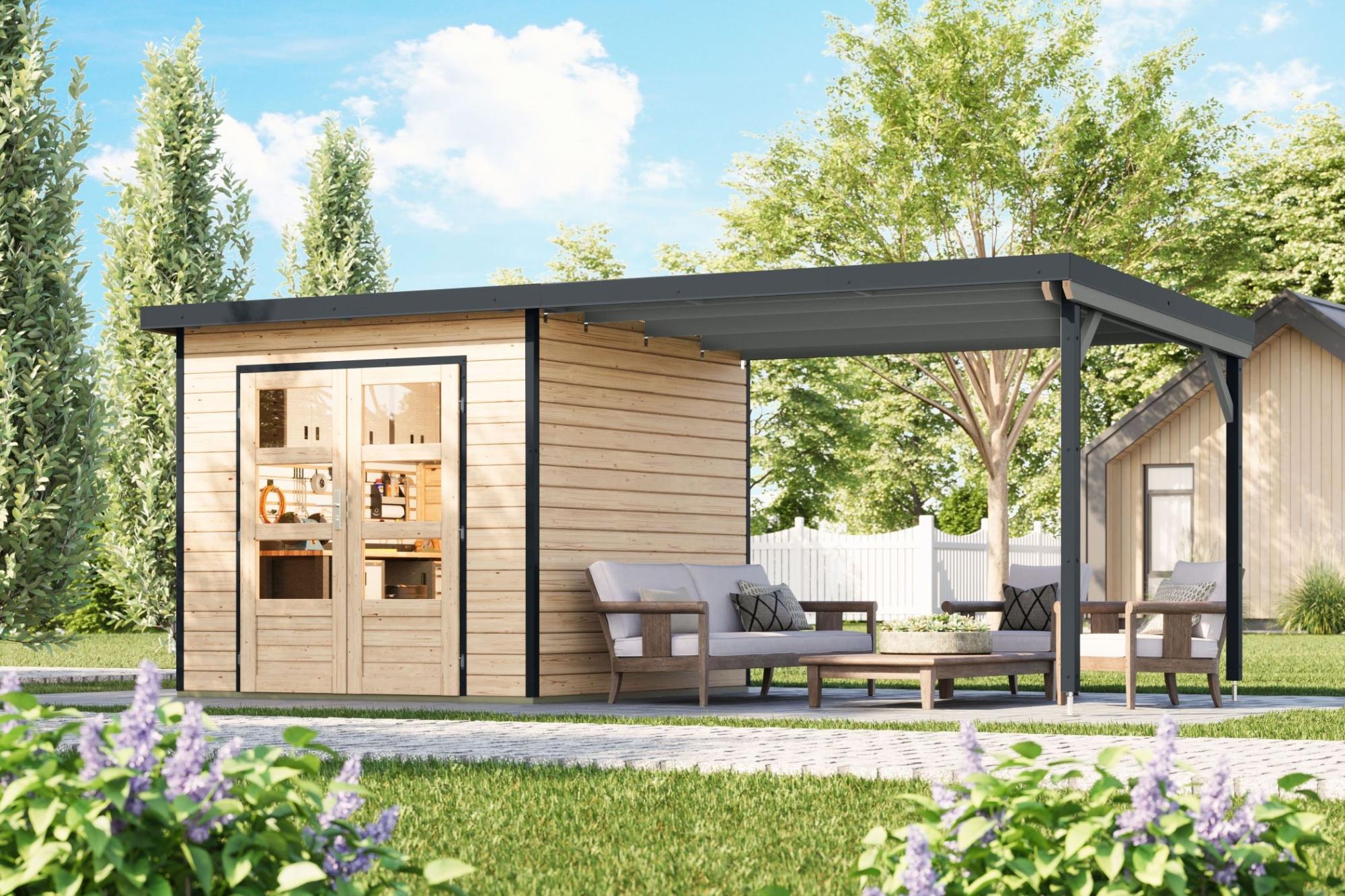 Karibu Gartenhaus Hybridhaus Metall Pluto 3 naturbelassen Metall anthrazit 544x240x219 cm
