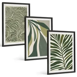 BILDER SET 3er Set - 40x60 cm Schwarzer Rahmen - Blätter mit wellenförmigen grünen Linien