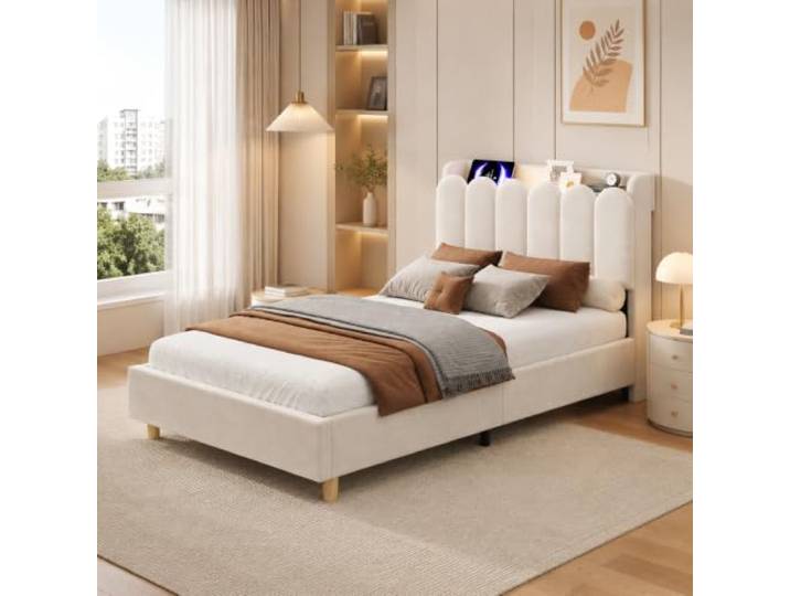 Merax Polsterbett Einzelbett Kinderbett 90x200 cm mit USB, Type-C, Leselampe & Samtbezug – Beige (Ohne Matratze)