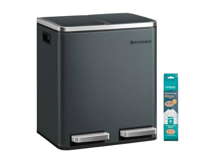 SONGMICS Mülleimer Küche, Mülltrennsystem 2 Fächer, 2 x 15 Liter Treteimer, inklusive 15 Müllbeutel, Softclose-Deckel, recycelbare Abfälle, grau und schwarz, PARY Kollektion LTB30GS