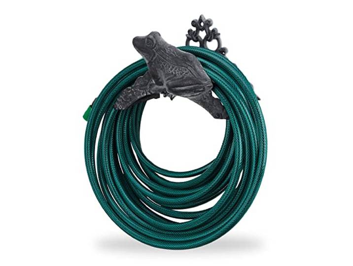 Relaxdays Porte Tuyau Grenouille\, Support Tuyau de Jardin Mural\, Enrouleur nostalgique\, Fonte\, HLP : 19x27x17 cm\, Gris