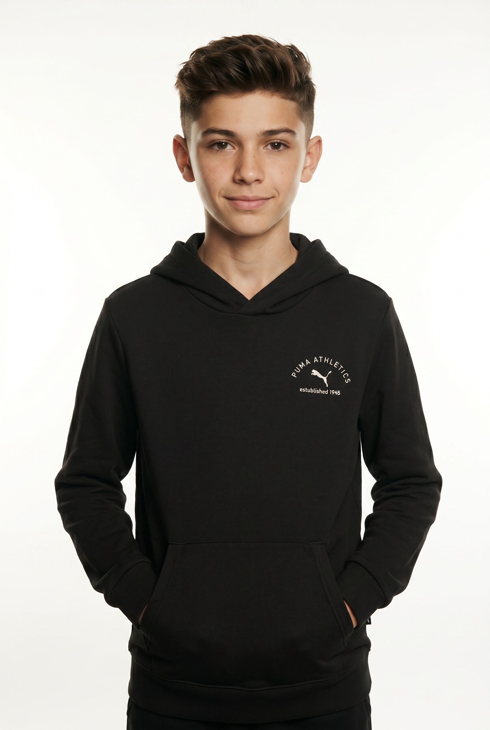 Kapuzensweatshirt PUMA "CLASS GRAPHIC HOODIE TR B", Jungen, Gr. 140, schwarz (puma schwarz), Sweatware, Obermaterial: 68% Baumwolle, 32% Polyester, bedruckt, regular fit normal, Rundhals, angesetztes Bündchen, Sweatshirts Kapuzensweatshirt, für Jugendlich
