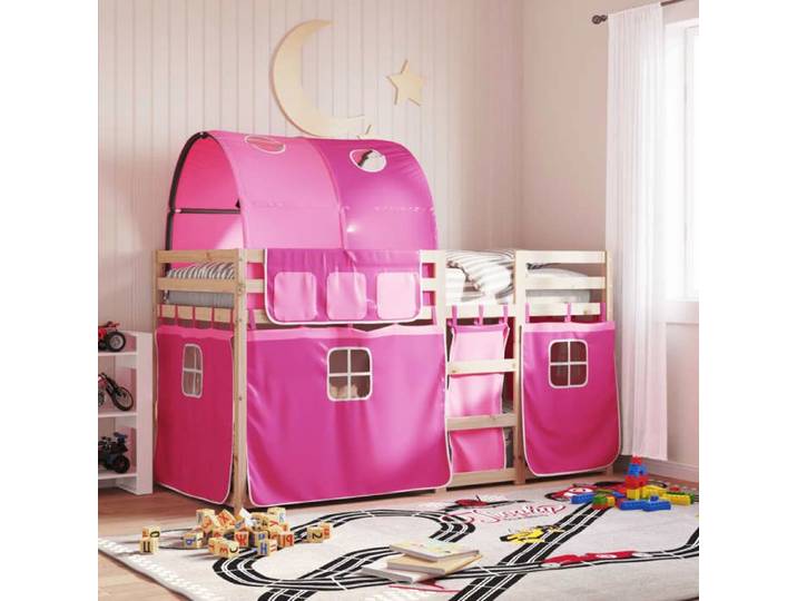 Lit superposé avec rideaux rose 90x190 cm bois pin massif lit cadre de lit lit superposé bas meuble de chambre à 3284029