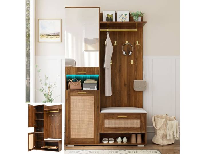 Meuble d'entrée en rotin vintage - Vestiaire d'entrée avec banc rembourré - Miroir intégré - 110x38x190 - Éclairage LED 16 couleurs
