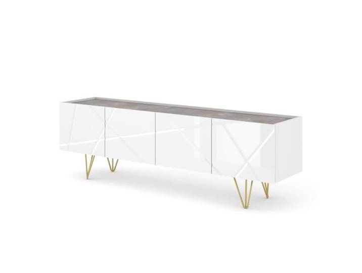 Meuble TV SPACE 180 cm 4D fraisée blanc brillant / béton
