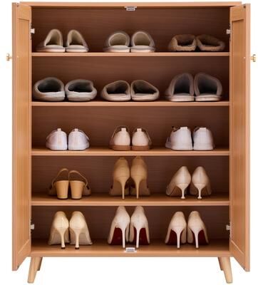 Rattan Shoe Cabinet, 5 Tiers Shoe Storage Organizer With 2 Doors And Adjustable Shelves