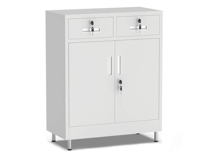 JINGUR Metallschrank mit 2 abschließbaren Schubladen und Türen, Weiß Verstellbarer Einlegeboden, verstellbare Füße, Hauptschlüssel, für Büro, Werkstatt und Garage, 35,1 T x 70,2 B x 92,3 H cm