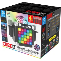 Karaoke-Cube-Station mit 4 kabellosen Mikrofonen und DJ-Fernbedienung + Discokugel + Disco-LED-Frontdisplay