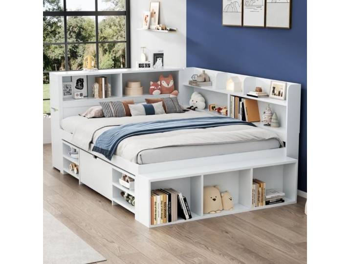 Lit Enfant 140x190 Blanc - Cajones Estantes Rangement - Grand Stockage Laminas-Chambre Enfant-Multifonction Évolutif (sans Matelas)