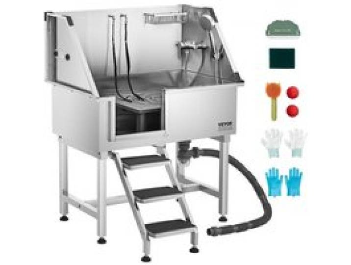 VEVOR Baignoire de Chien Acier Inoxydable, Baignoire de Toilettage pour Animaux de Compagnie 96 cm Station de Lavage Chat, avec Escalier à Droite, Robinet, Pommeau de Douche, Porte-savon, Porte Gauche