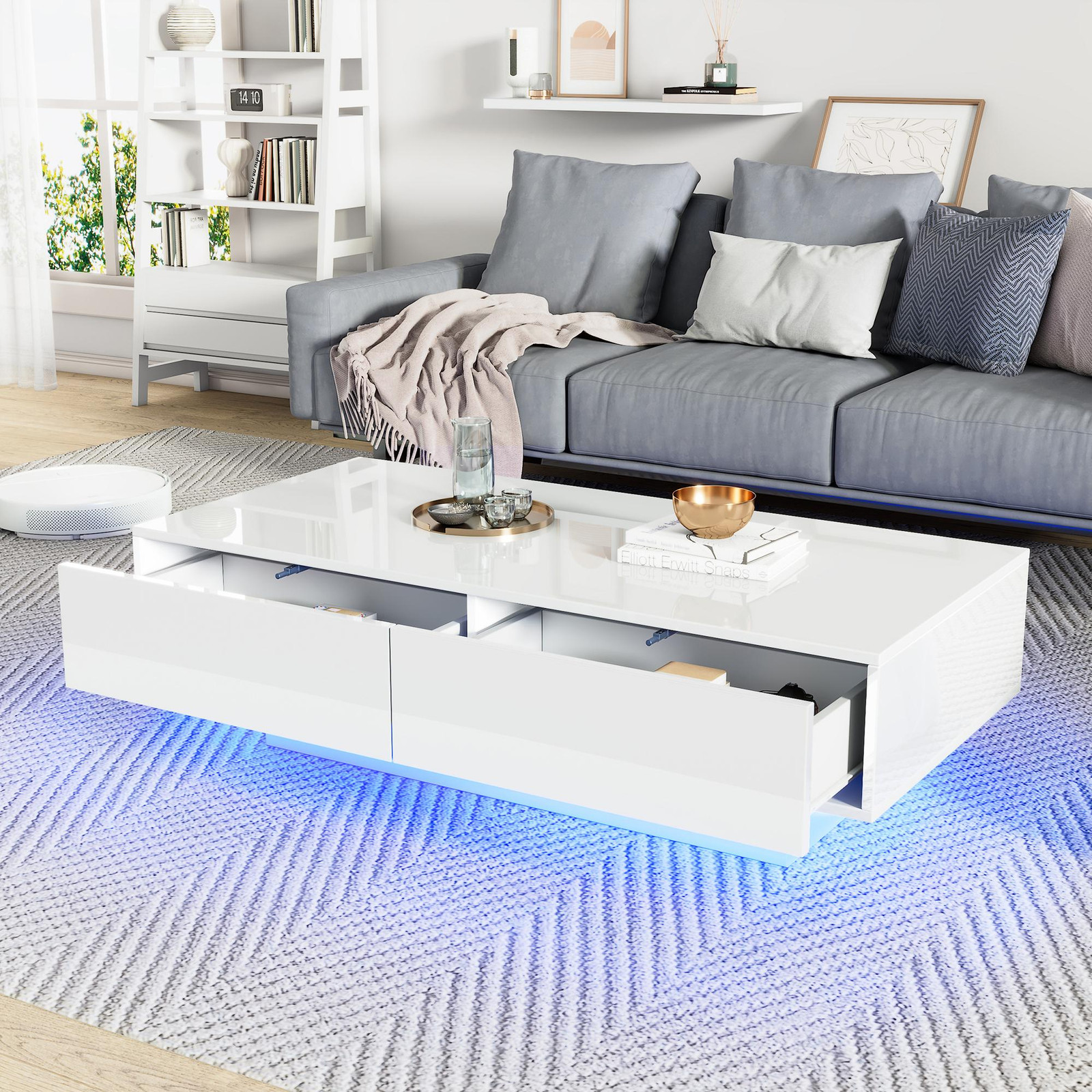 Rolipo Moderne Witte Salontafel met LED-verlichting en 2 Lades