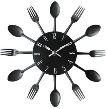 Everyday Crate Modern Cutlery Kitchen Wall Clock With Silent Quartz Movement Decorative Metal Design Black