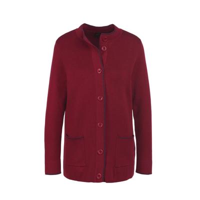 Strickjacke GOLDNER "Kurzgröße Herbstcardigan mit Stehkragen", Damen, Gr. 22, rot (dunkelrot), Obermaterial: 50% Baumwolle CO. 50% Polyacryl PAN., figurumspielend, Sonstiges, Strickjacken Strickjacke, Farblich abgesetzte Steppstiche