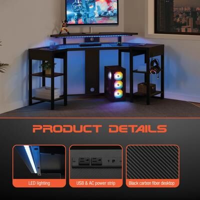 OSP Home Furnishings OSP OSP Adaptor Corner Desk with Storage and Shelving and USB Charging and LED Lighting