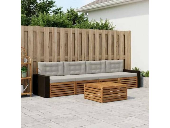 RJPLMFV Modulares Sofa für den Außenbereich, 5-teilig, hellgrau Natürliches Akazienholz, wetterfest, modernes Design, pflegeleicht