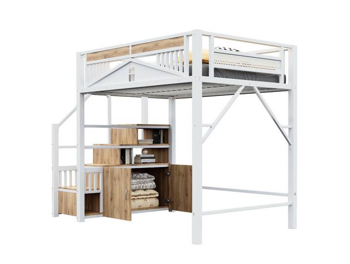 Modenvie Hochbett 140/200 cm aus Metall und Holz mit Stauraumtreppe und Sicherheitszaun Weiß, 140x200 cm, Babymöbel & Kindermöbel, Kinderzimmer & Jugendzimmer, Kinderbetten, Hochbetten