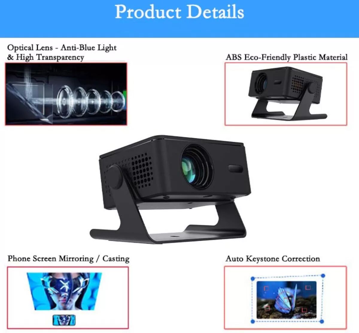 INF Tragbarer HD-Projektor - EU-Stecker, Schwarz - Drahtlose Bildschirmspiegelung, 4K-Unterstützung