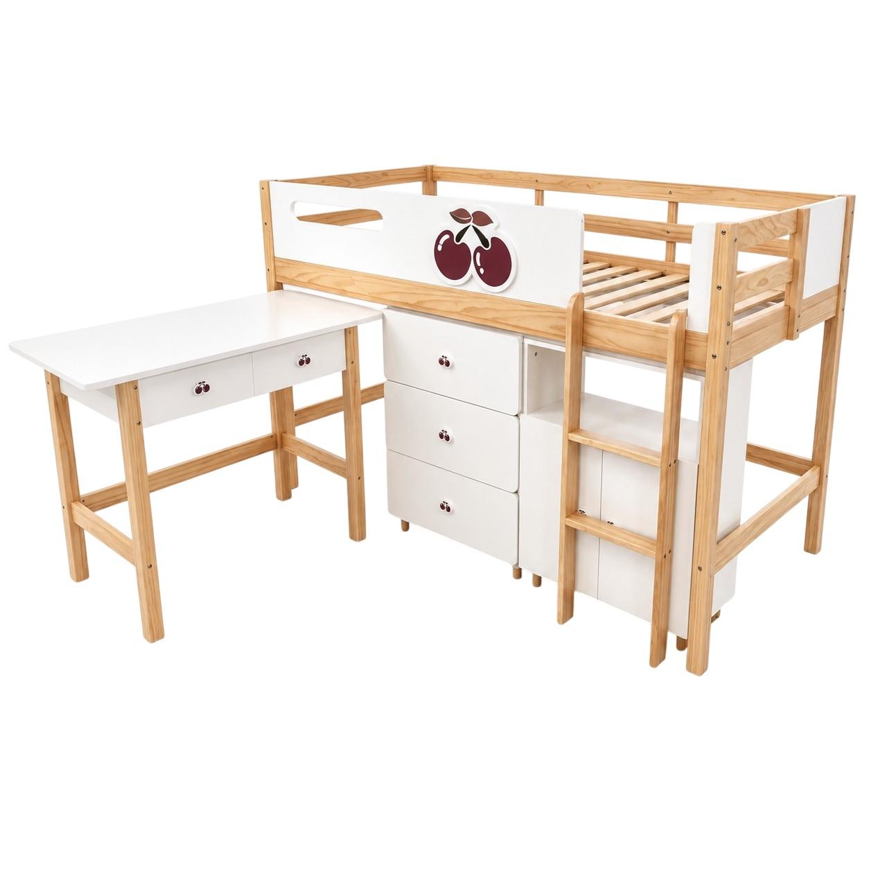 Kinder-Kombibett GINGER HOME CHERRY mit Schreibtisch, Kommode, Kleiderschrank und Lattenrost, 90 x 200 cm