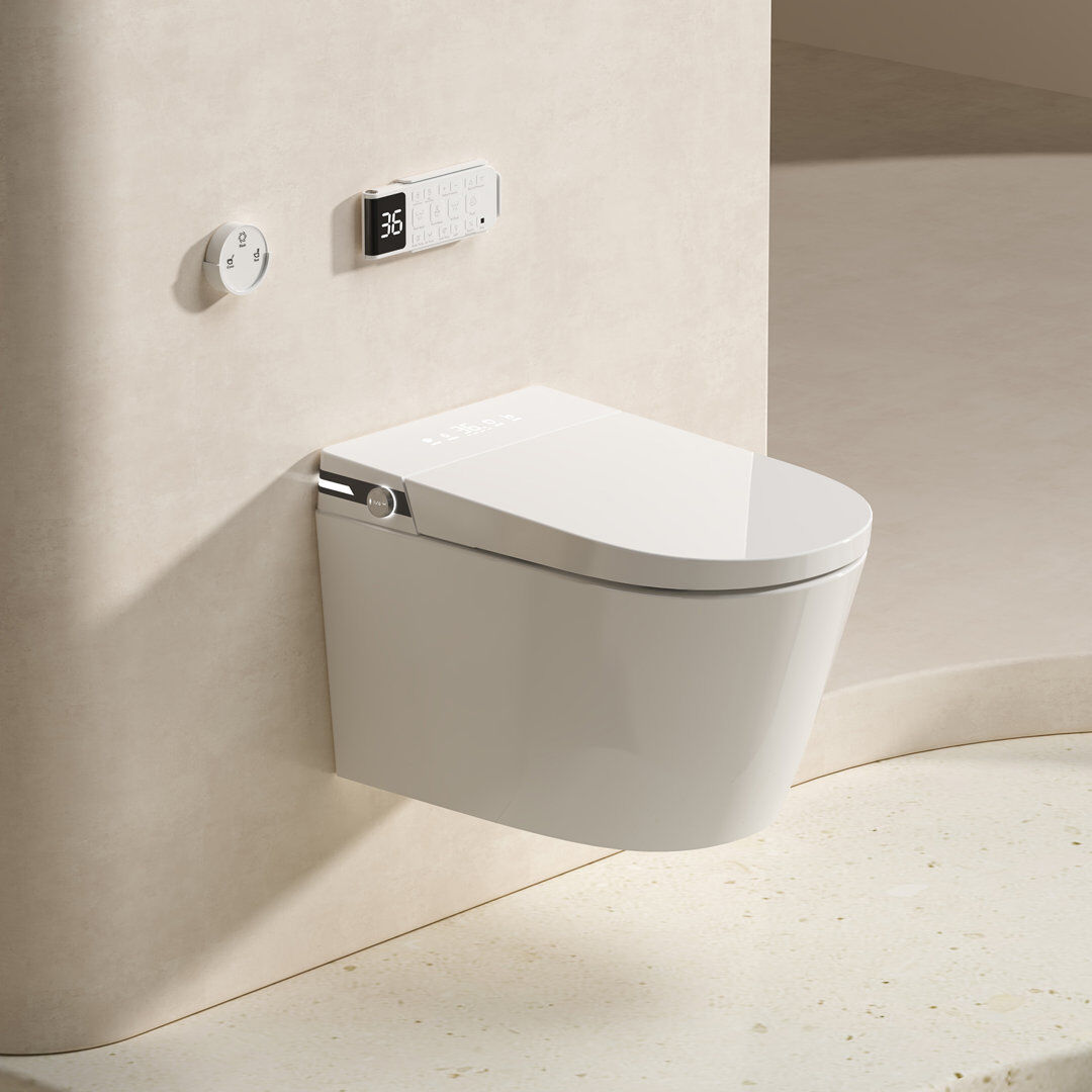 MEJE New Smart Wall Hung Toilet Combo, with Built in Bidet, Heated Seat, Warm Air Dryer,Auto Flush, Auto Open and Close, Remote Control, Night Light, Glossy White 380mm H
